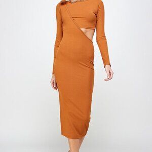 NWT! KNOW ONE CARES Brown Ribbed Stretch Knit Cut-Out Bodycon Midi Dress